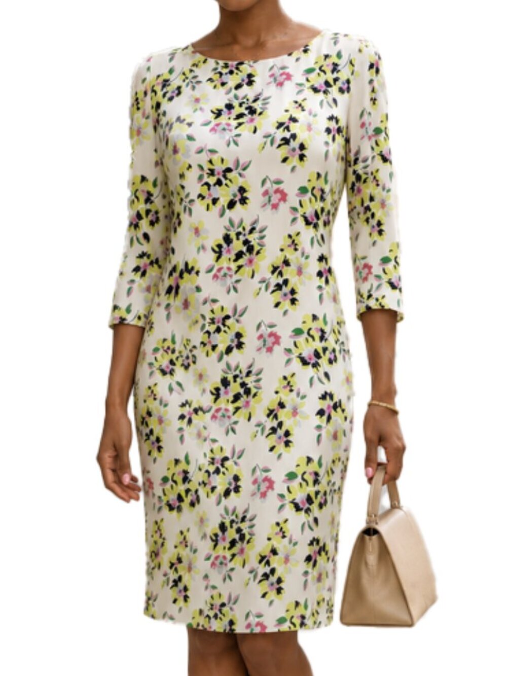 Anthropologie Ivory Silk Dress Floral Essentiel Antwerp Half Sleeve Straight Cut
